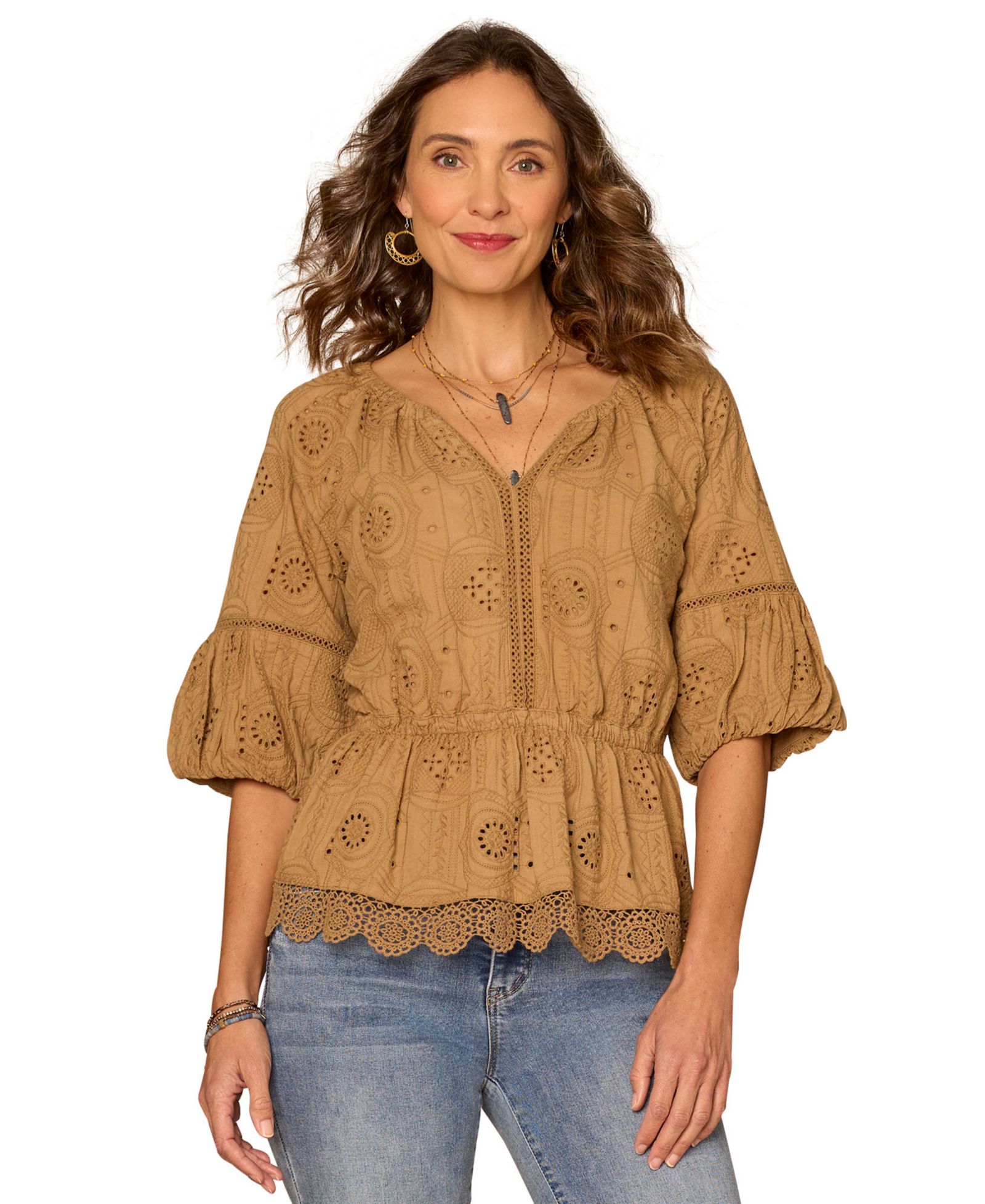 Democracy Petite Bubble-Sleeve Split Neck Top