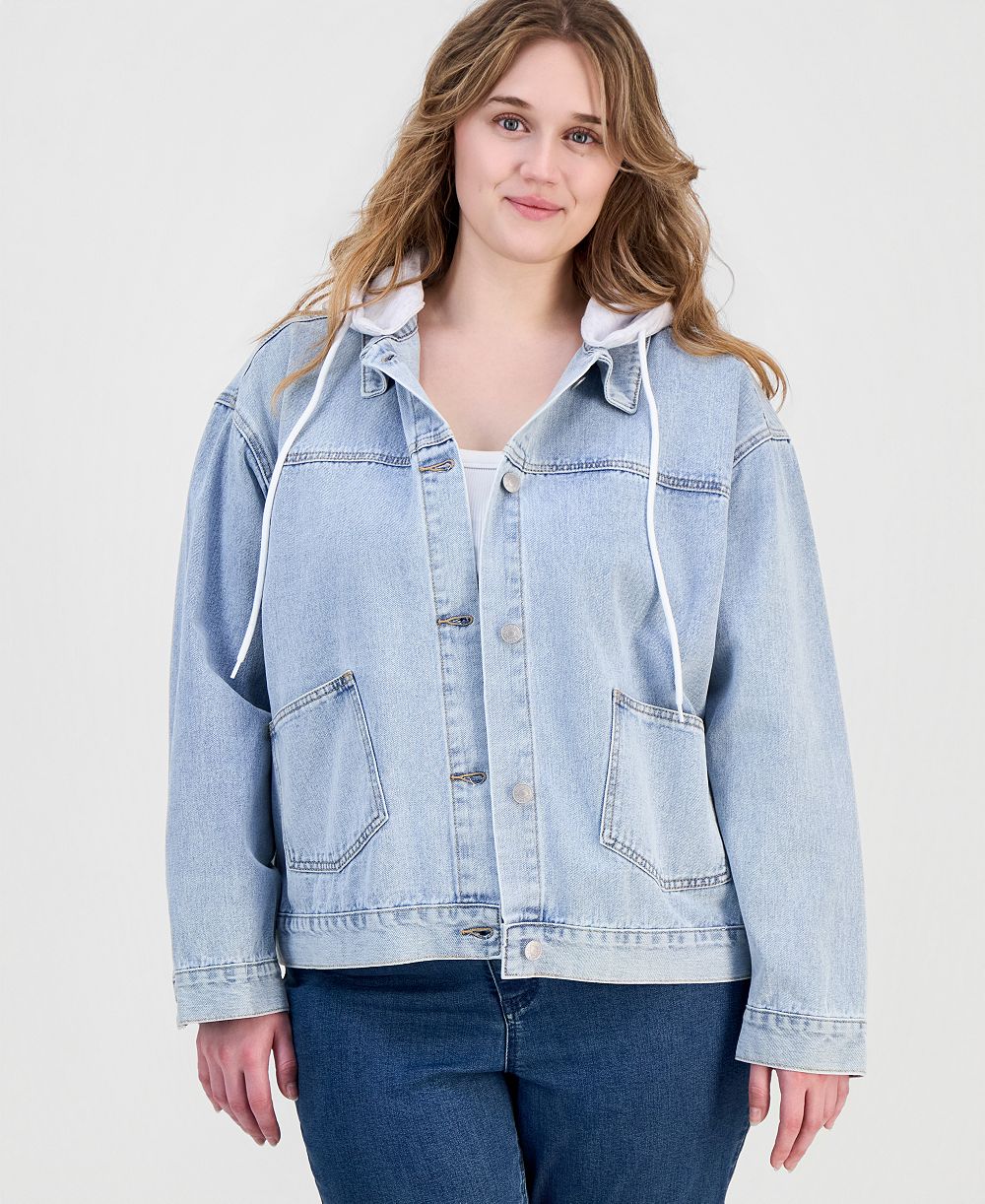 Madden Girl Trendy Plus Size Hooded Denim Jacket