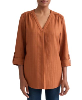 Jones New York Women's V-Neck Pleated-Front Jacquard Top