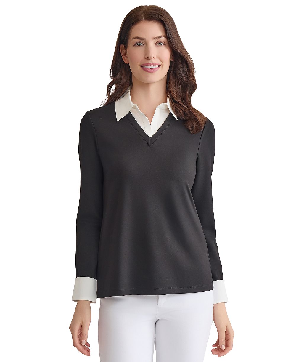 Jones New York Women's Mixed Media Twofer Long-Sleeve Collared V-Neck Blouse