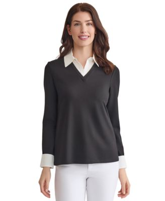 Jones New York Women's Mixed Media Twofer Long-Sleeve Collared V-Neck Blouse