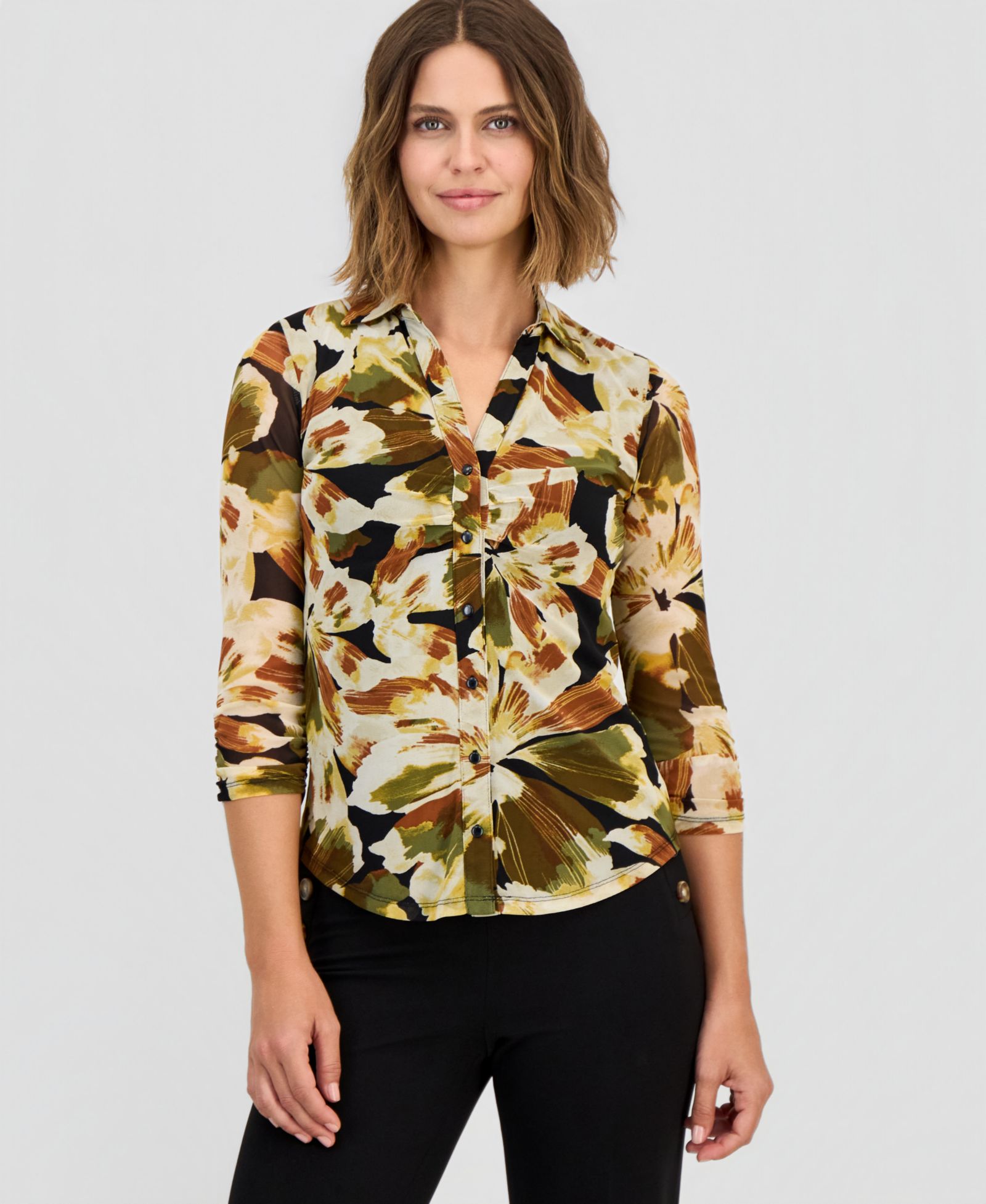 Anne Klein Petite Shirred Bust Collared Blouse