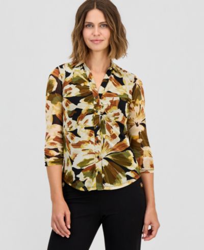 Anne Klein Petite Shirred Bust Collared Blouse