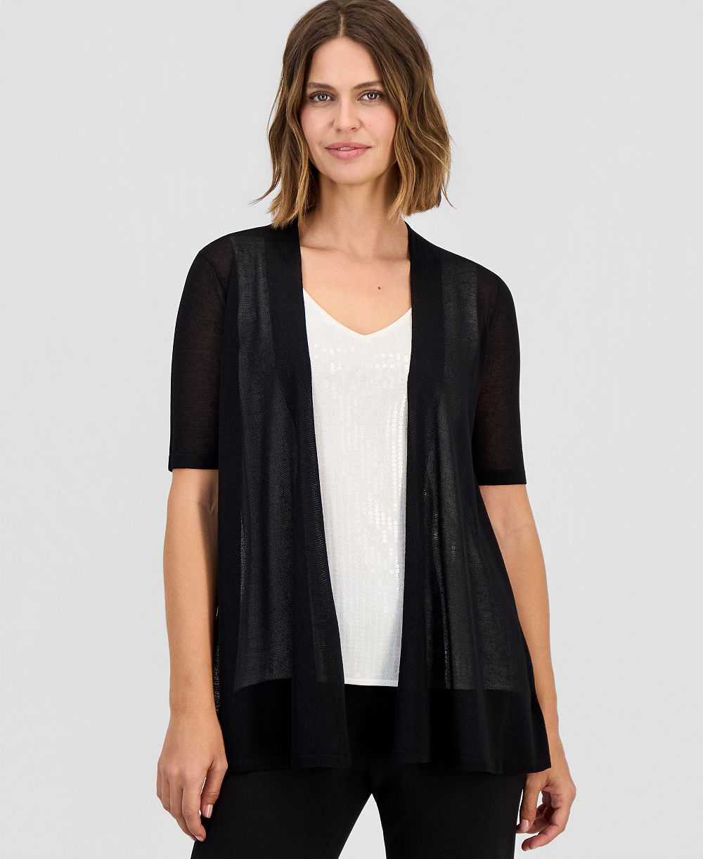 Anne Klein Petite Short-Sleeve Open-Front Semi-Sheer Cardigan