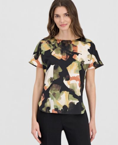 Anne Klein Petite Bateau Neck Short-Sleeve Printed Top