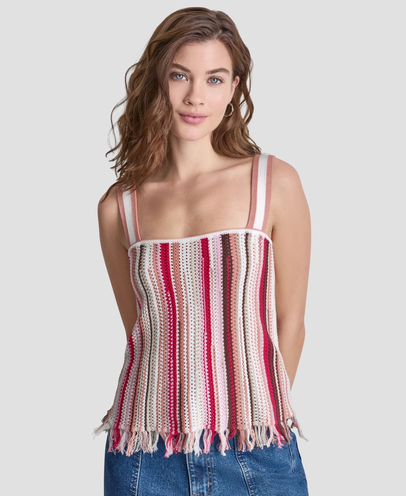 DKNY Jeans Petite Pointelle Stitch Striped Sleeveless Bandeau Tank Top
