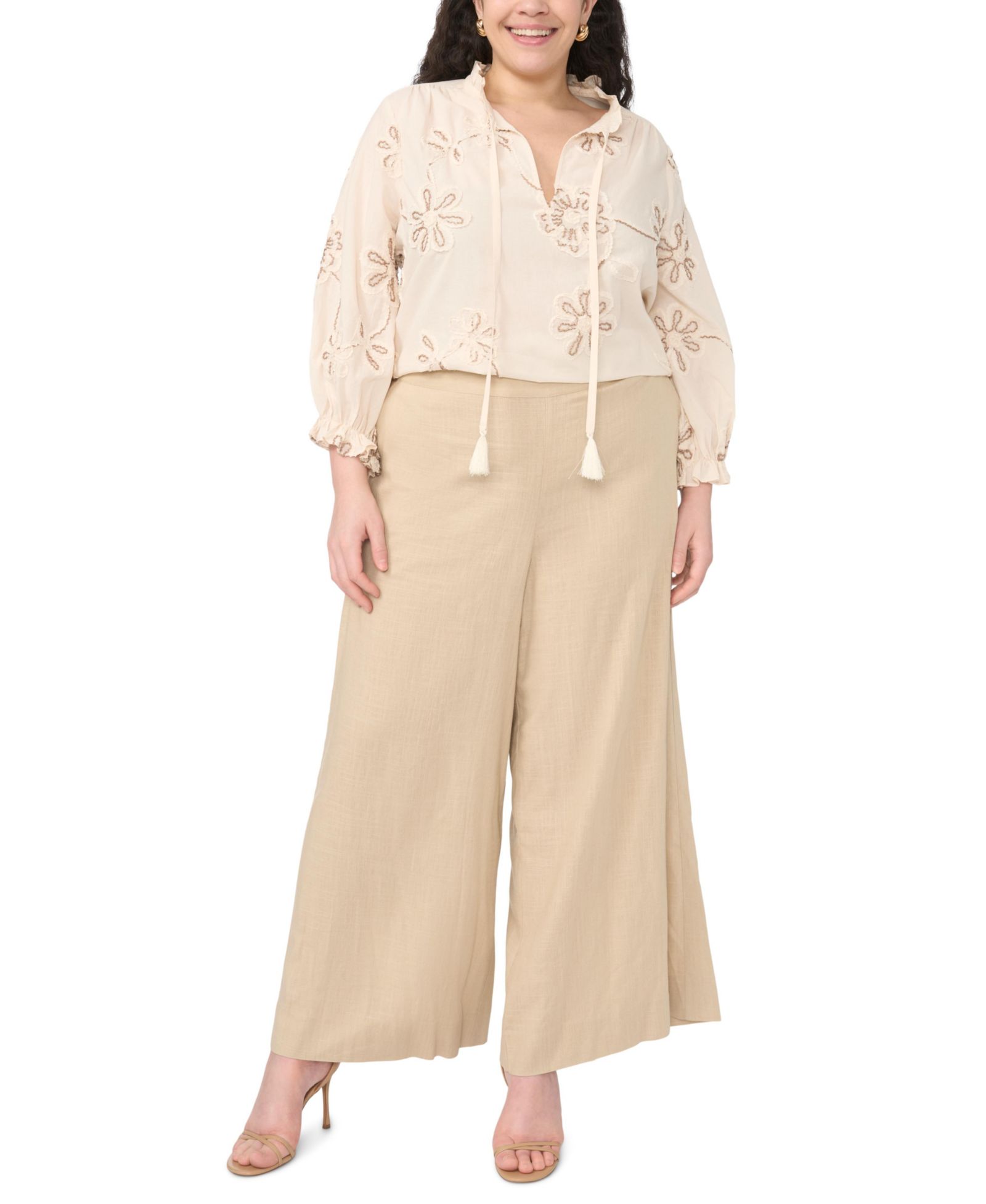 Vince Camuto Plus Size Split V-Neck Tie Cotton Blouse
