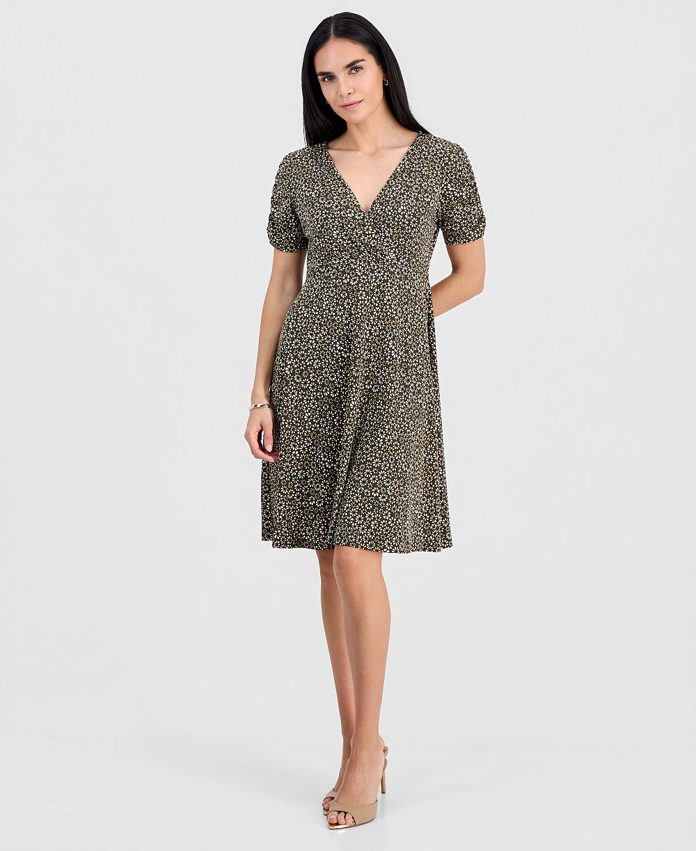Connected Petite Ruched-Sleeve Crossover-Neck Dress