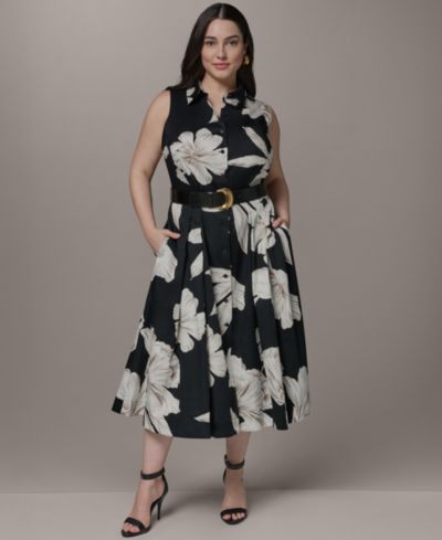 Donna Karan New York Plus Size Sleeveless Belted Midi Dress