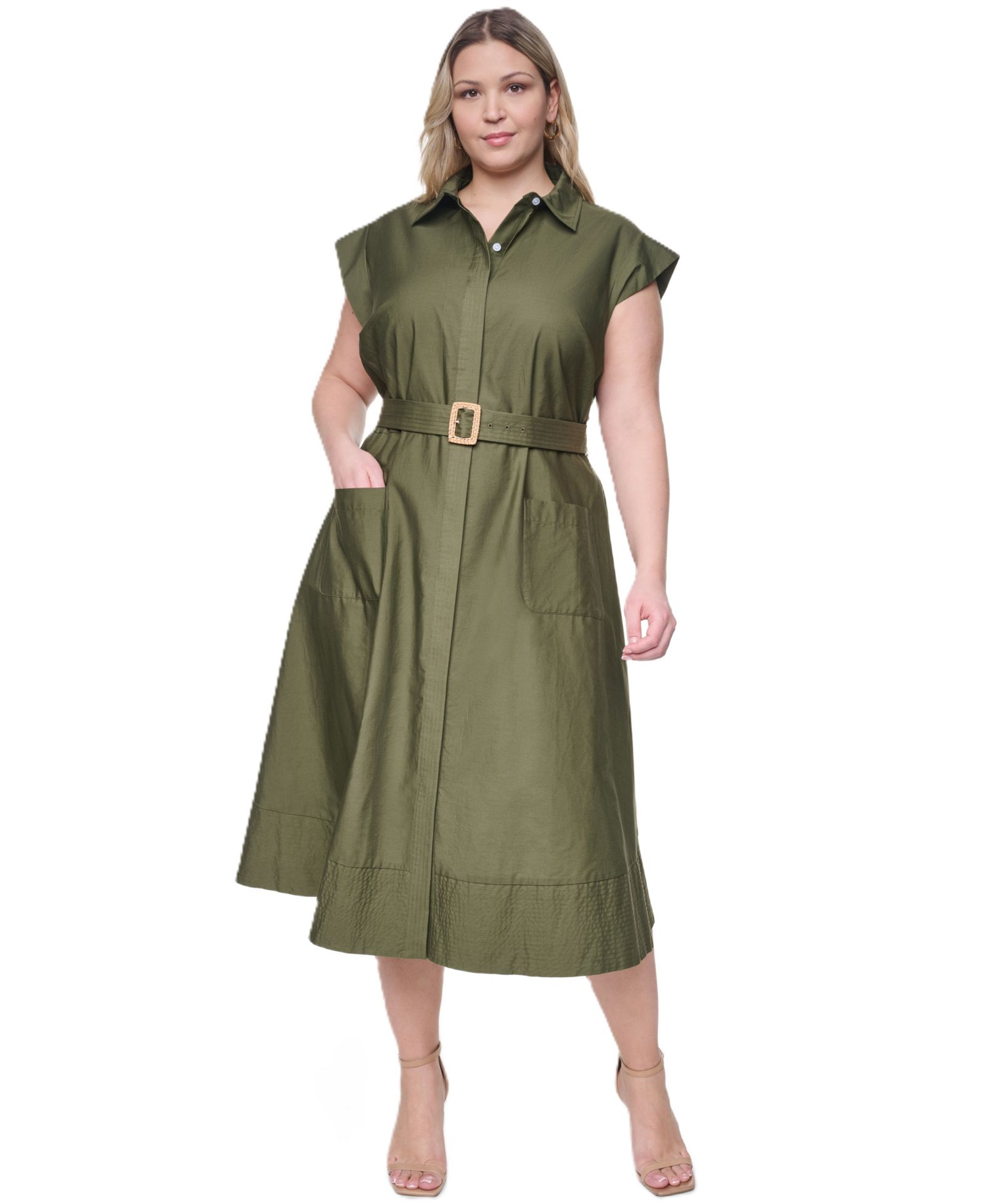 Eliza J Plus Size Trapunto Stitch Short-Sleeve Belted Midi Shirt-Dress