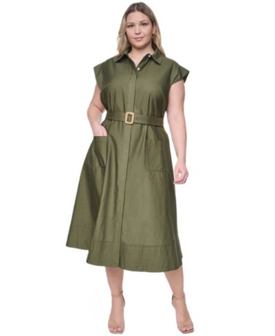 Eliza J Plus Size платье-рубашка миди с поясом и коротким рукавом, стеганое