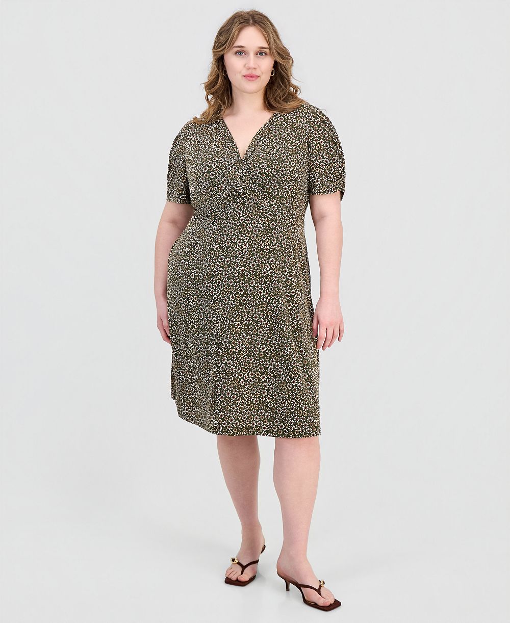 Connected Plus Size Printed Ruched-Sleeve Sheath Dress