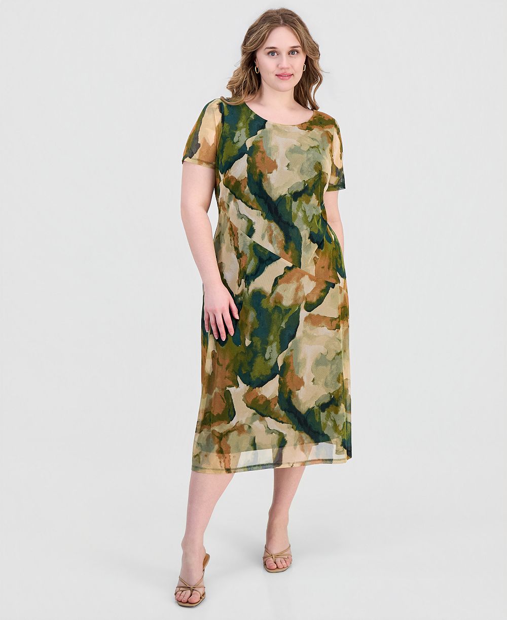 Connected Plus Size Printed Mesh Midi Dress