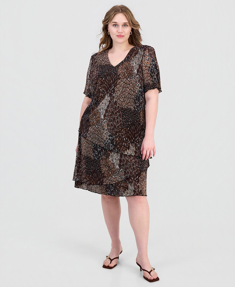 Connected Plus Size Printed Pleated Asymmetric Tiered Sheath Dress