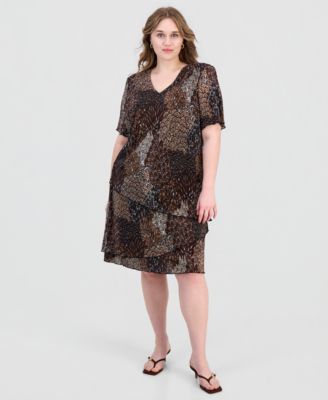 Connected Plus Size Printed Pleated Asymmetric Tiered Sheath Dress