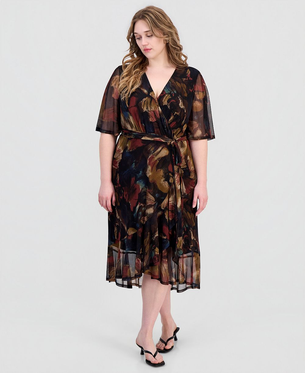 Connected Plus Size Printed Flutter-Sleeve Faux-Wrap Midi Dress
