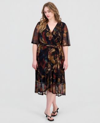 Connected Plus Size Printed Flutter-Sleeve Faux-Wrap Midi Dress