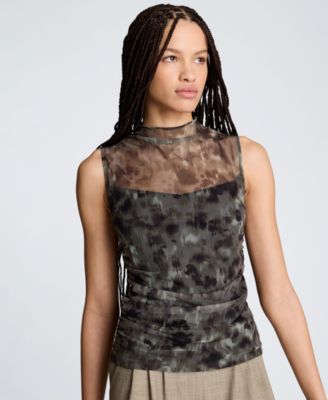Женский сетчатый топ с воротником-стойкой Kenneth Cole Printed Mock Neck Mesh Tank Top