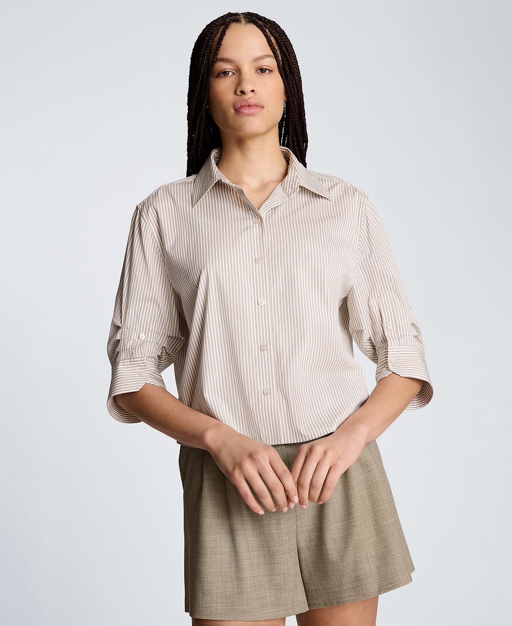 Kenneth Cole Women's Collared Striped Cropped Pleated Sleeves Button Down
