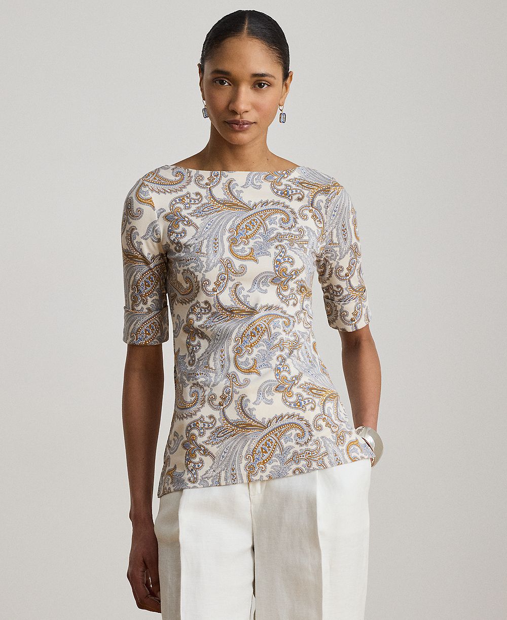 Lauren Ralph Lauren Petite Paisley Boat Neck T-Shirt
