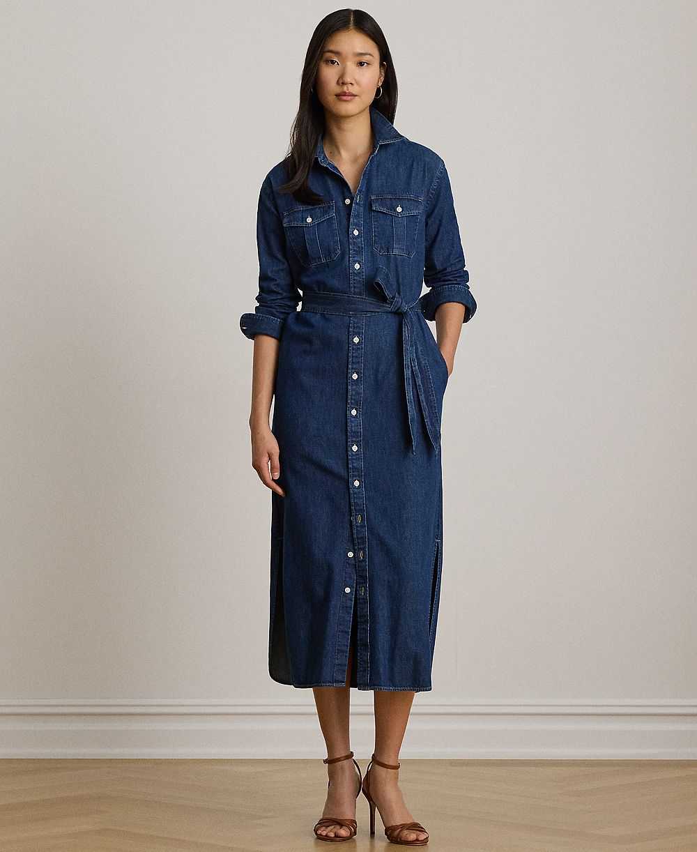 Джинсовое платье-рубашка Lauren Ralph Lauren Petite Belted Collared Denim Midi