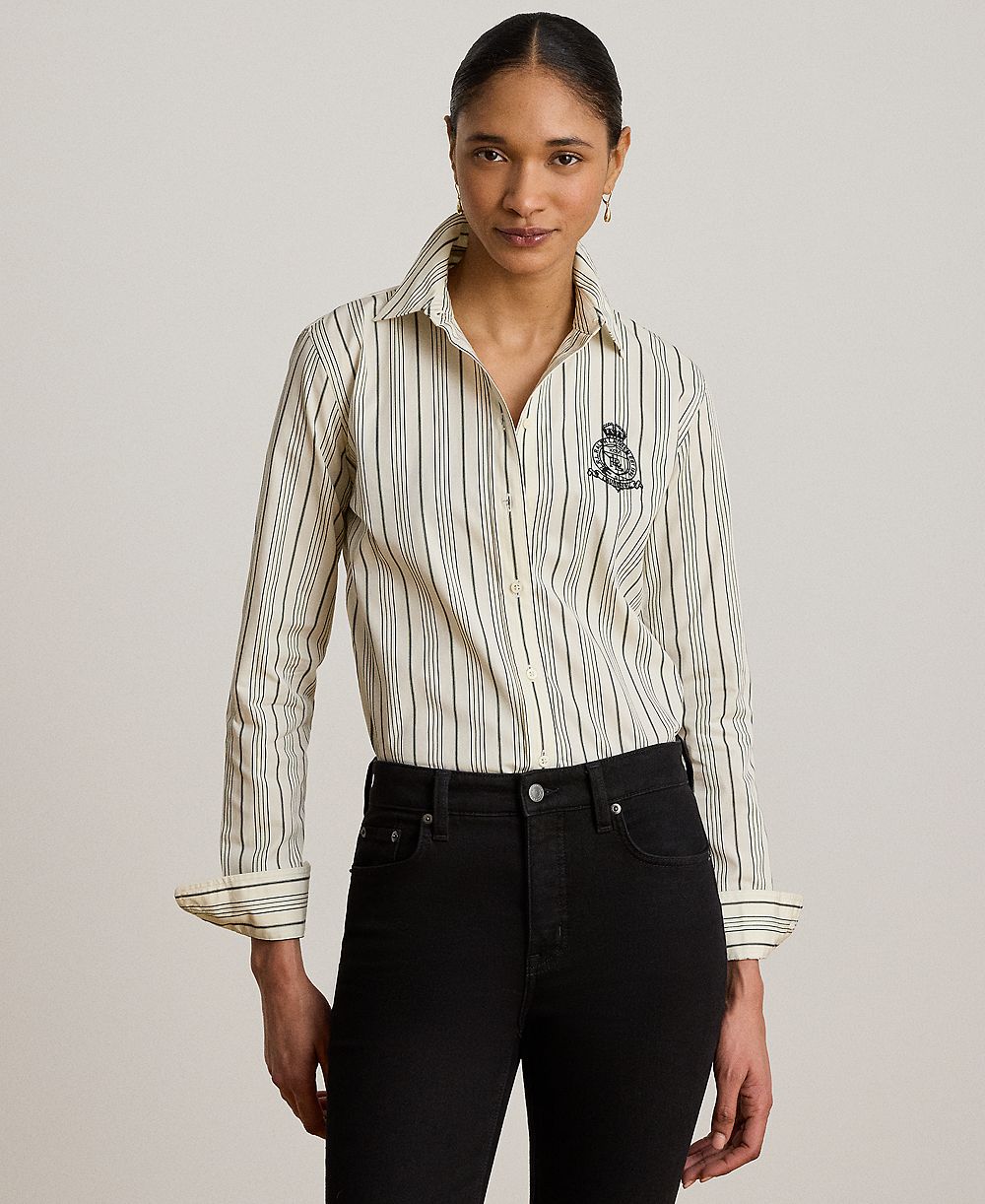 Lauren Ralph Lauren Petite Striped Collared Crest-Embroidered Shirt