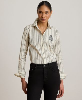 Lauren Ralph Lauren Petite Striped Collared Crest-Embroidered Shirt