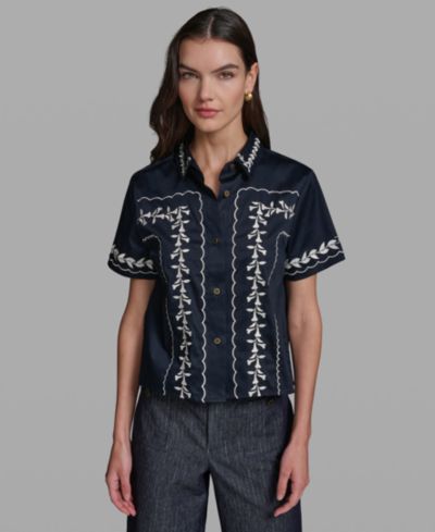 KARL LAGERFELD PARIS Petite Floral Embroidered Short-Sleeve Shirt