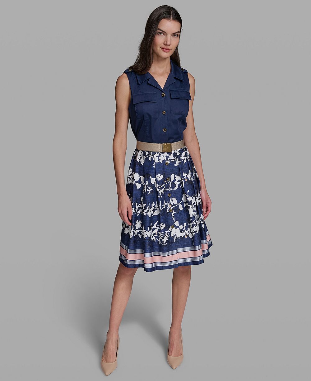 KARL LAGERFELD PARIS Petite Collared Neck Belted Dress