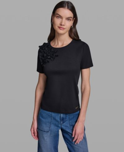 KARL LAGERFELD PARIS Petite Floral Applique Short-Sleeve Rib Knit Top