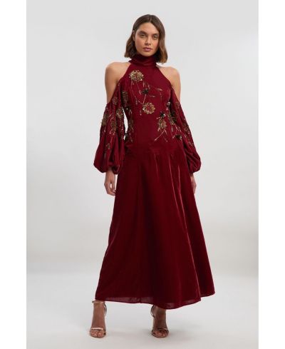 Karen Millen Women's Embroidered High Neck Maxi Dress