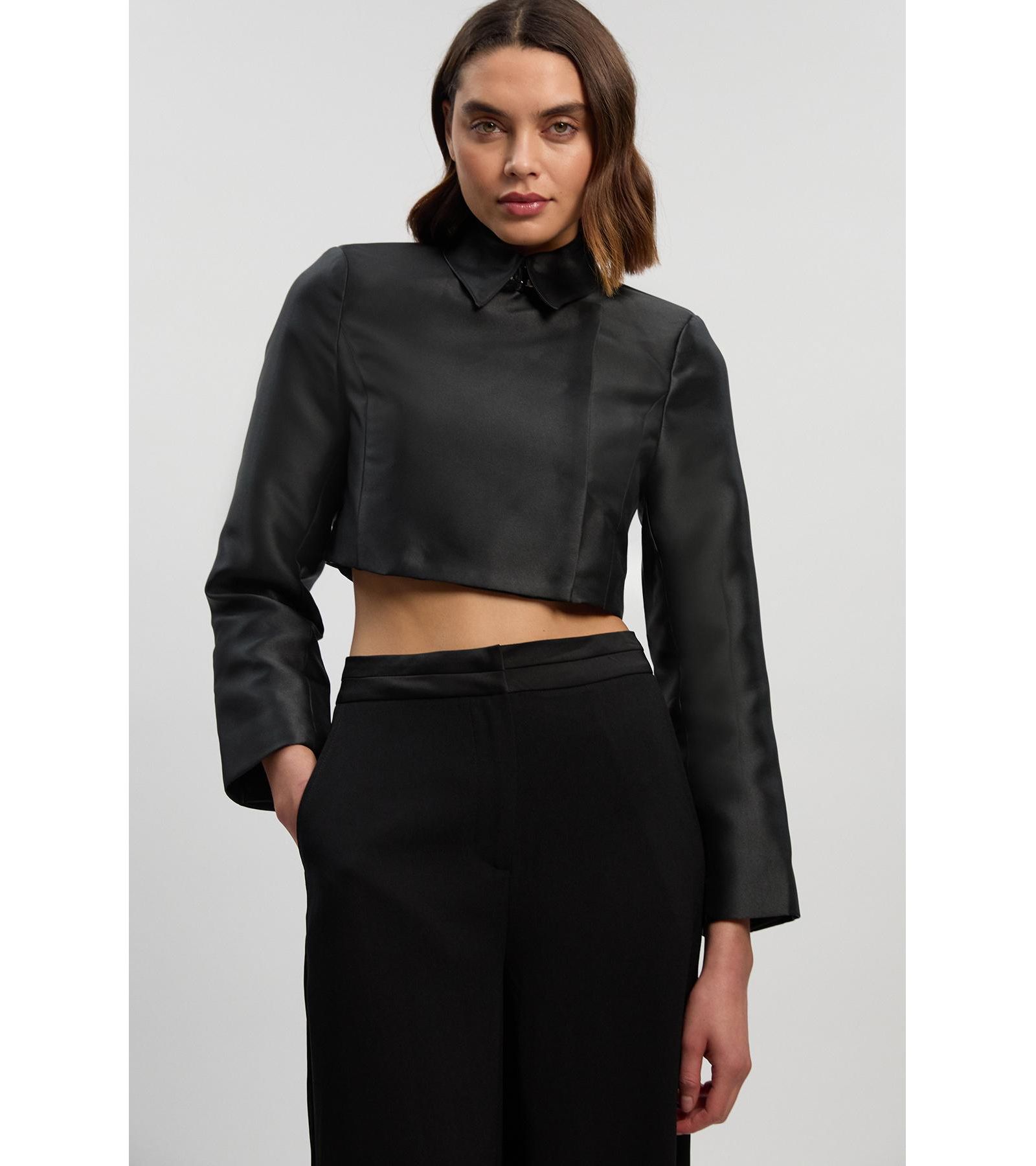 Karen Millen Women's Satin Twill Cropped Wrap Tailored Jacket