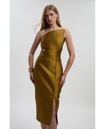 Karen Millen Women's Satin Twill Asymmetric Neck Midi Dress