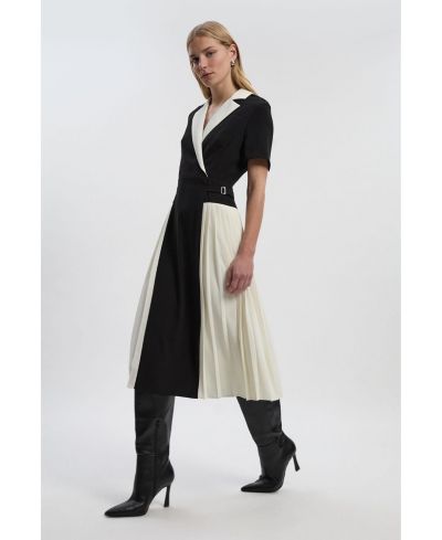 Karen Millen Women's Tailored Crepe Pleated Midi Shirt Dress