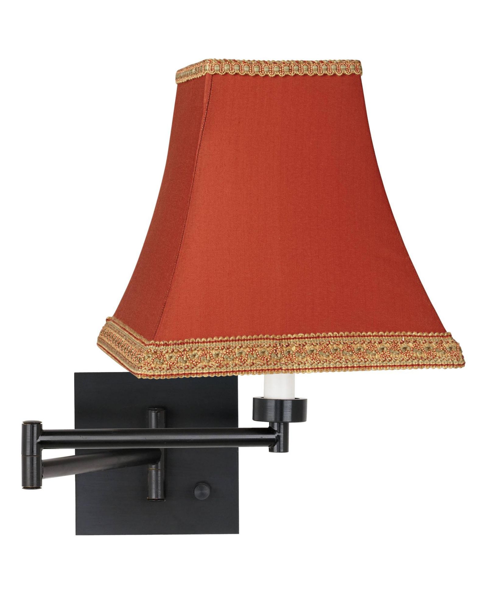 Barnes and Ivy Swing Arm Wall Lamp Espresso Plug-In Light Fixture Gold Trimmed Rust Fabric Square Shade for Bedroom Living Room