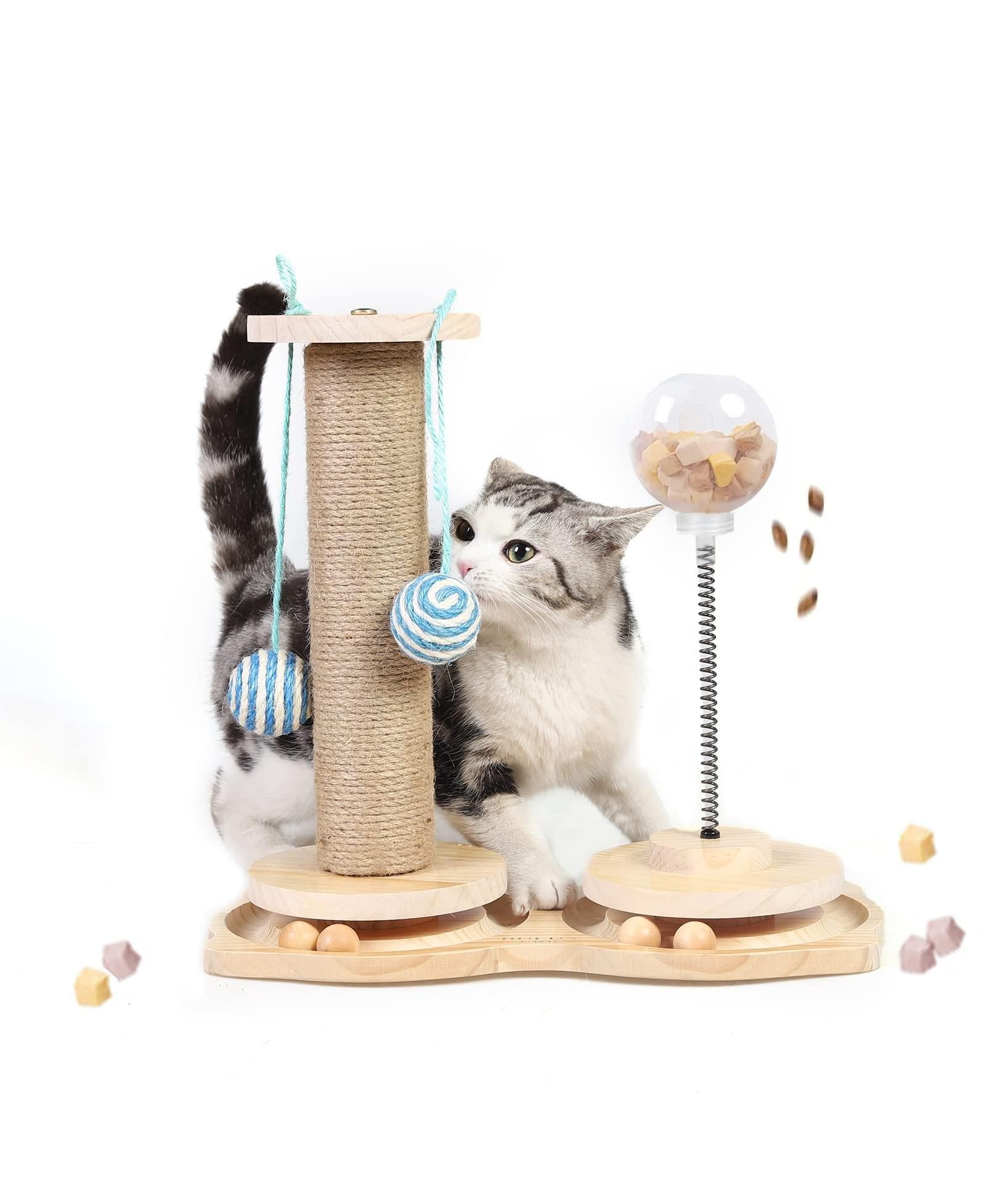 ARONKL Interactive Cat Treat Dispenser Wooden Track Ball Slow Feeder Toy