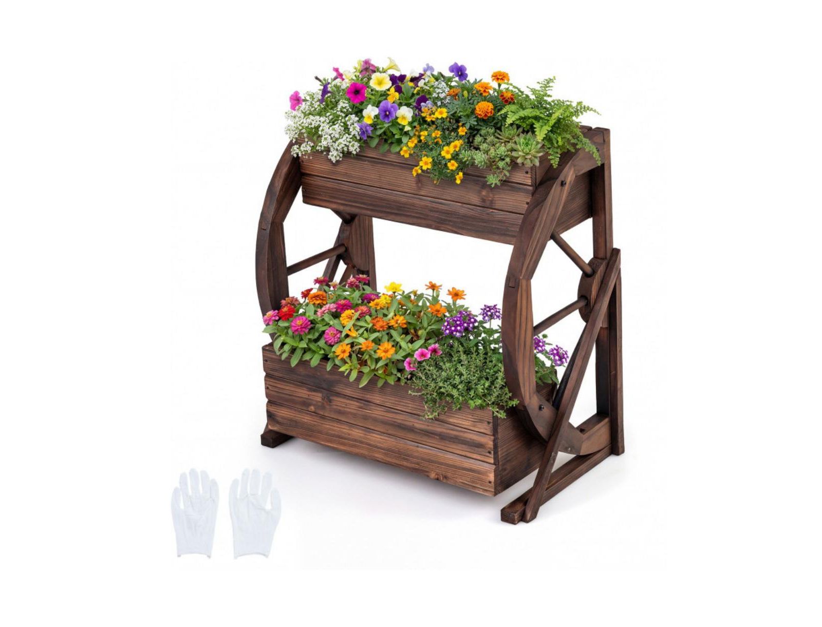 GOUUN 2-Tier Rustic Carbonized Wood Wagon Planter with Drainage Holes