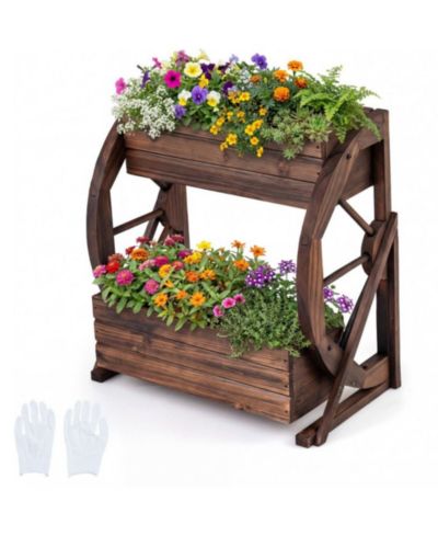 GOUUN 2-Tier Rustic Carbonized Wood Wagon Planter with Drainage Holes