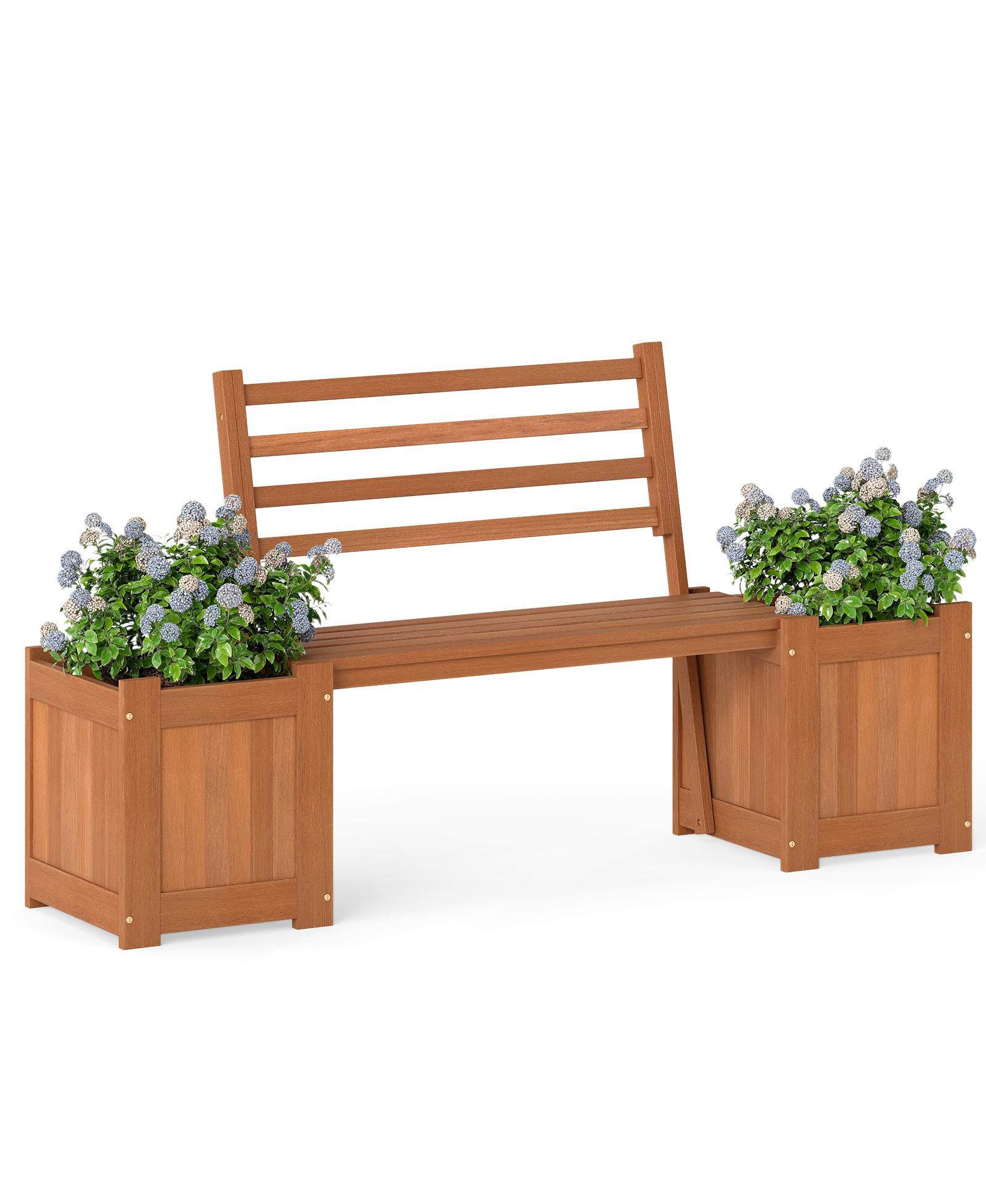GOUUN Hardwood Planter Box with Bench and Backrest,  Garden Seating Set