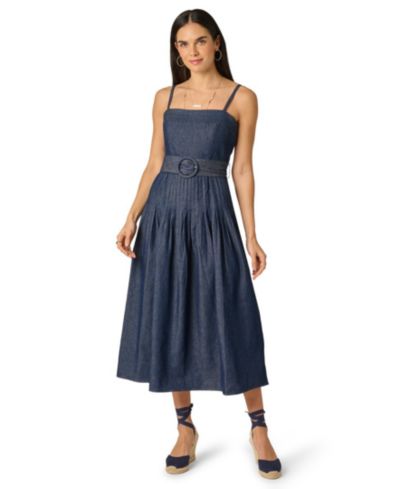 Adrianna Women's Pintucked Square Neck Cotton Denim Midi Dress