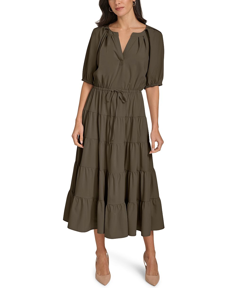 Calvin Klein V-Neck Elastic Waistband Midi Dress