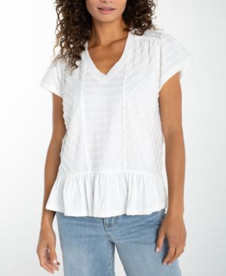 Liverpool Los Angeles Petite V-Neck Scalloped Stripe Top
