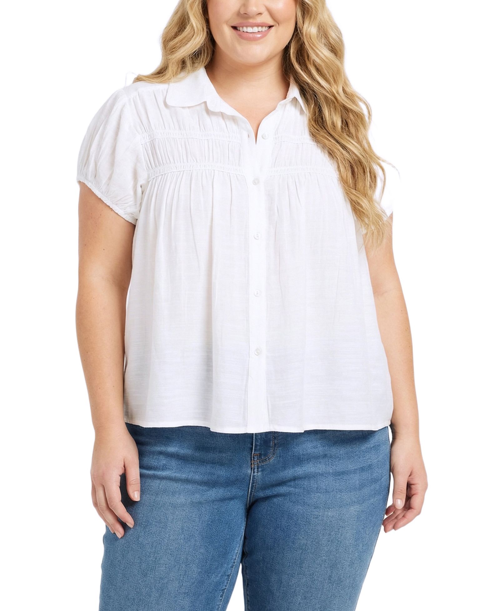 NY Collection Plus Size Cap-Sleeve Rouched Yoke Top