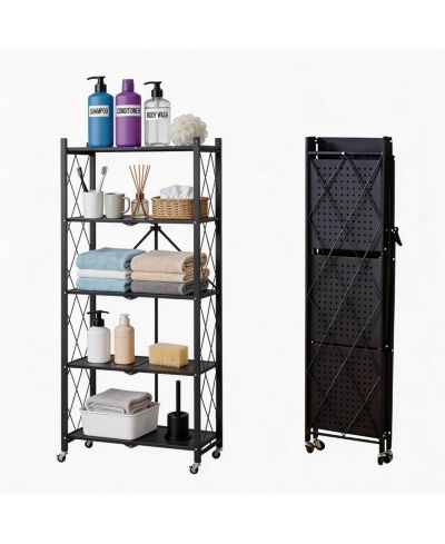 Homfan 5-Tier Foldable Metal Storage Cart with Wheels - Rolling Utility Shelf, for Bathroom, Laundry Room