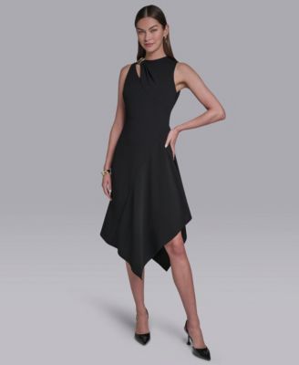 Halston Women's Keyhole Detail Sleeveless Asymmetrical Hem Midi Dress
