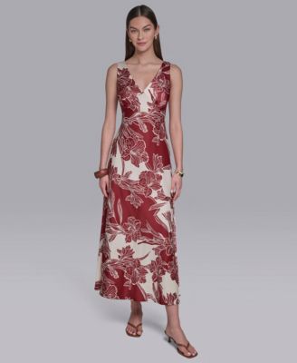 Женское платье макси с V-образным вырезом и принтом гибискуса от Halston