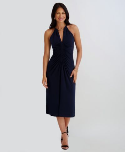 Siena Women's Ruched Halter V-Neck Midi Dress