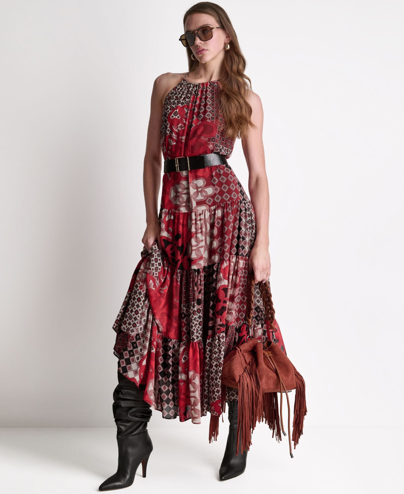 BCBG Women's Patchwork Chiffon Halter Maxi Dress with Tiered Skirt
