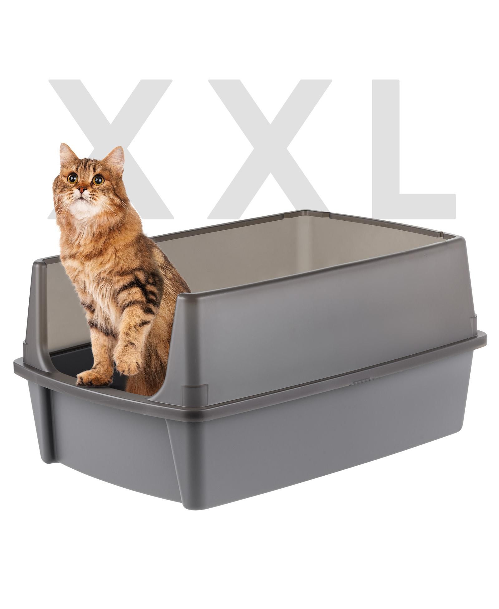 IRIS Extra Large Open Top Cat Litter Box with Scatter Shield, Sturdy Open Air Kitty Litter Pan with Tall Spray, Gray
