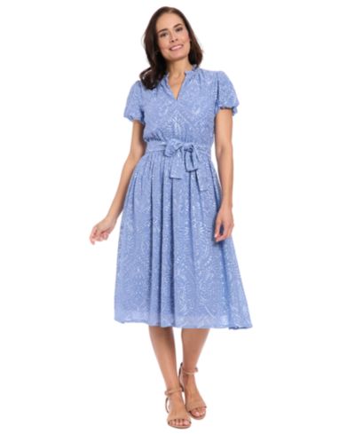 London Times Petite Ruffle Neck Bubble-Sleeve Elastic Waistband Midi Dress
